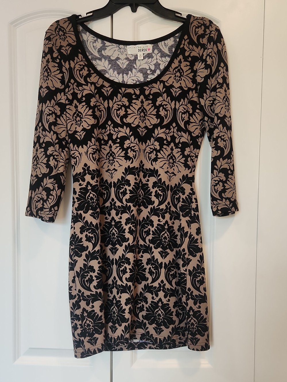 Derek Heart Black and Taupe Damask Scoop Neck Midi Dress